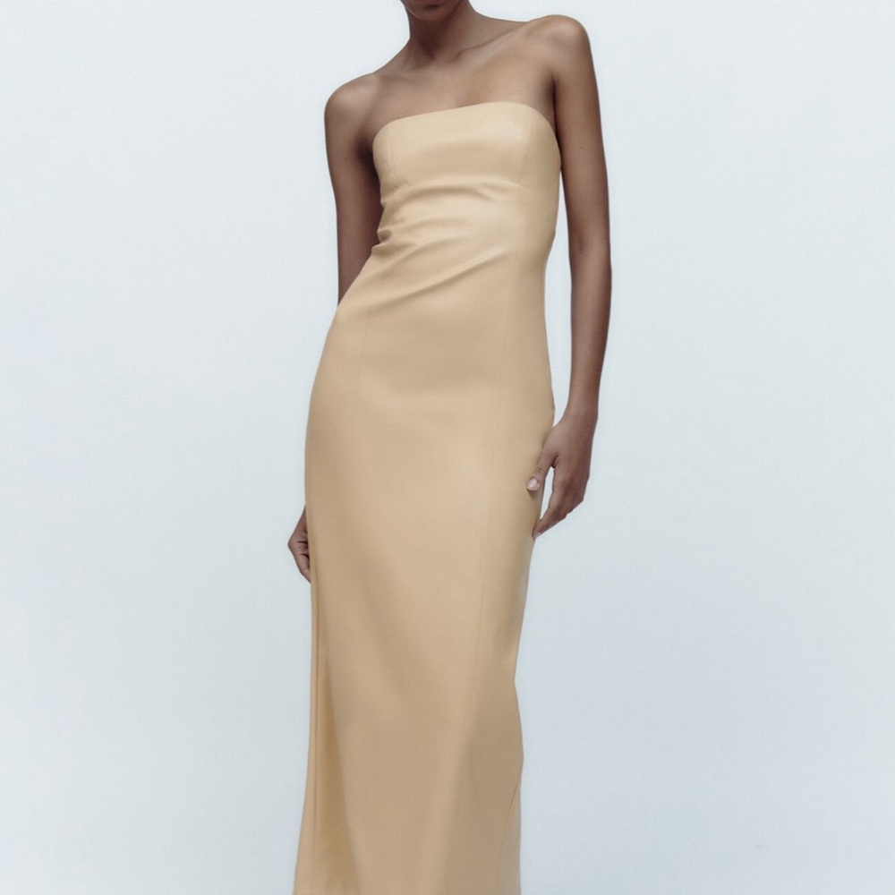 Zara Nude Cream Faux Leather Maxi Dress Size Medium